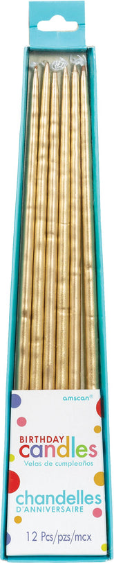 Gold Thin Taper Birthday Candles, 10-Inch, 12-Pack